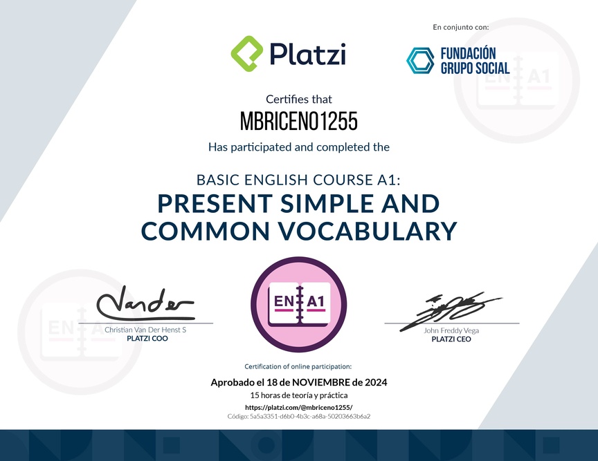 Diploma del Curso de Inglés Básico A1: Presente Simple y Vocabulario Común (2021)