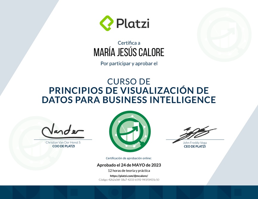 Diploma del Curso de Principios de Visualización de Datos para Business Intelligence (2021)
