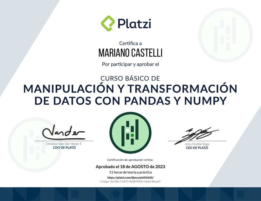Diploma del Curso de Manipulación y Transformación de Datos con Pandas y NumPy