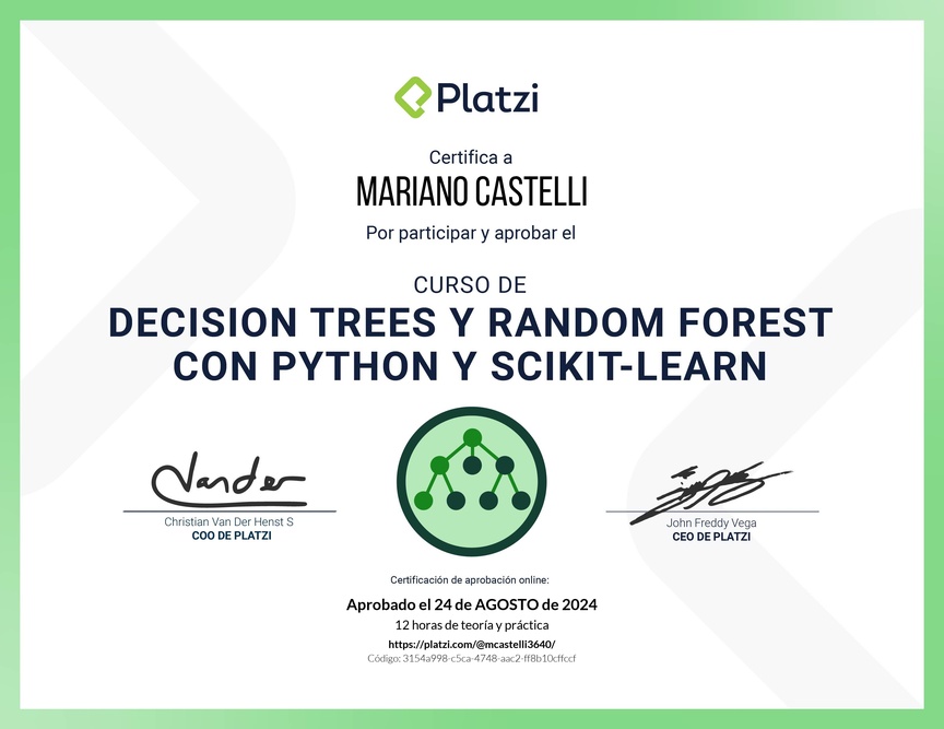 Diploma del Curso de Decision Trees y Random Forest con Python y scikit-learn