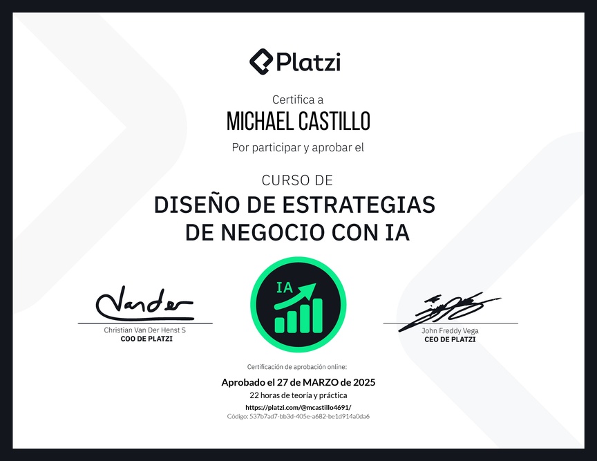 Diploma del Curso de Diseño de Estrategias de Negocio con Inteligencia Artificial: Optimización y Personalización