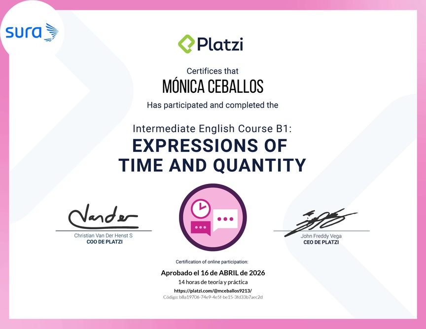 Diploma del Curso de Inglés Intermedio B1: Expresiones de Tiempo y Cantidad