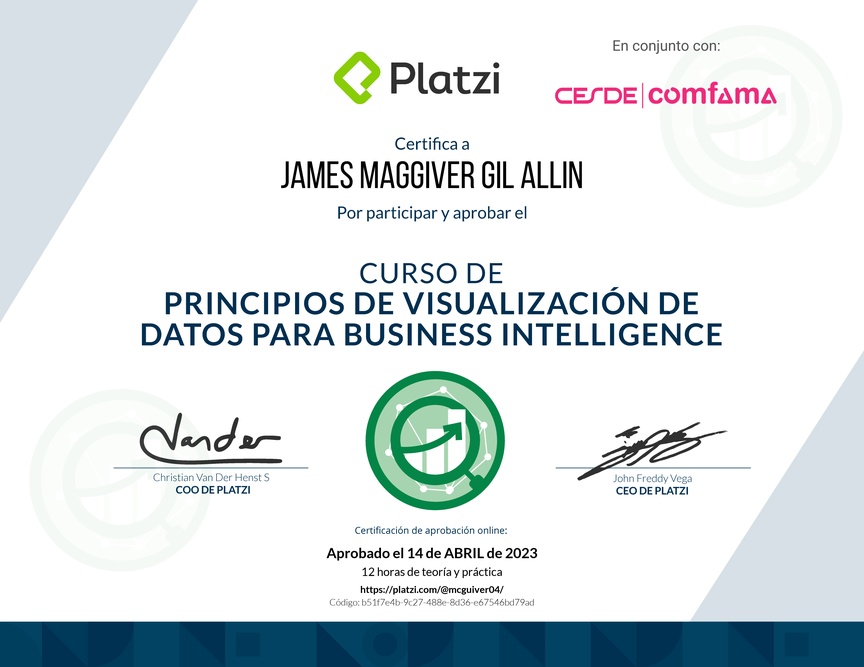 Diploma del Curso de Principios de Visualización de Datos para Business Intelligence (2021)
