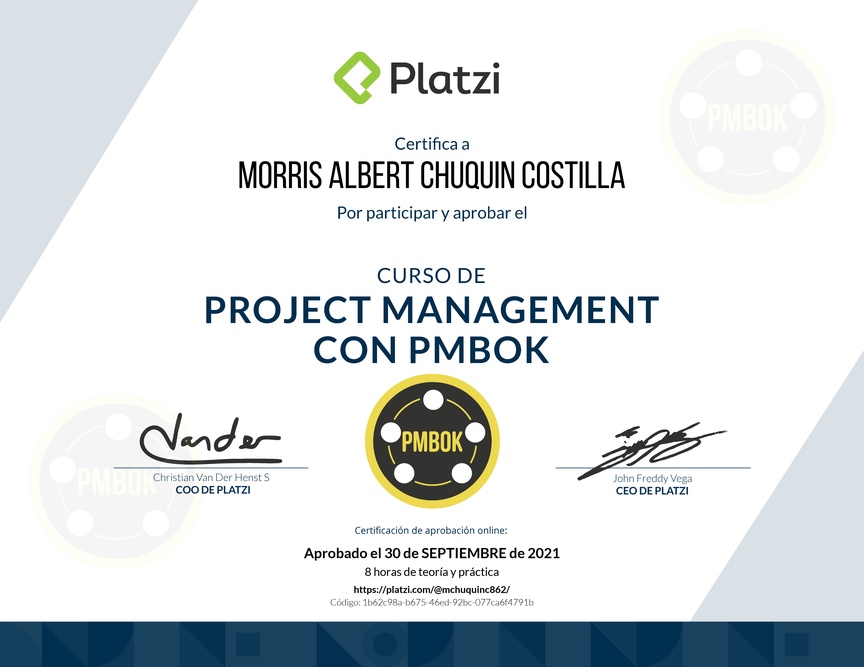 Diploma del Curso de Project Management con PMBOK
