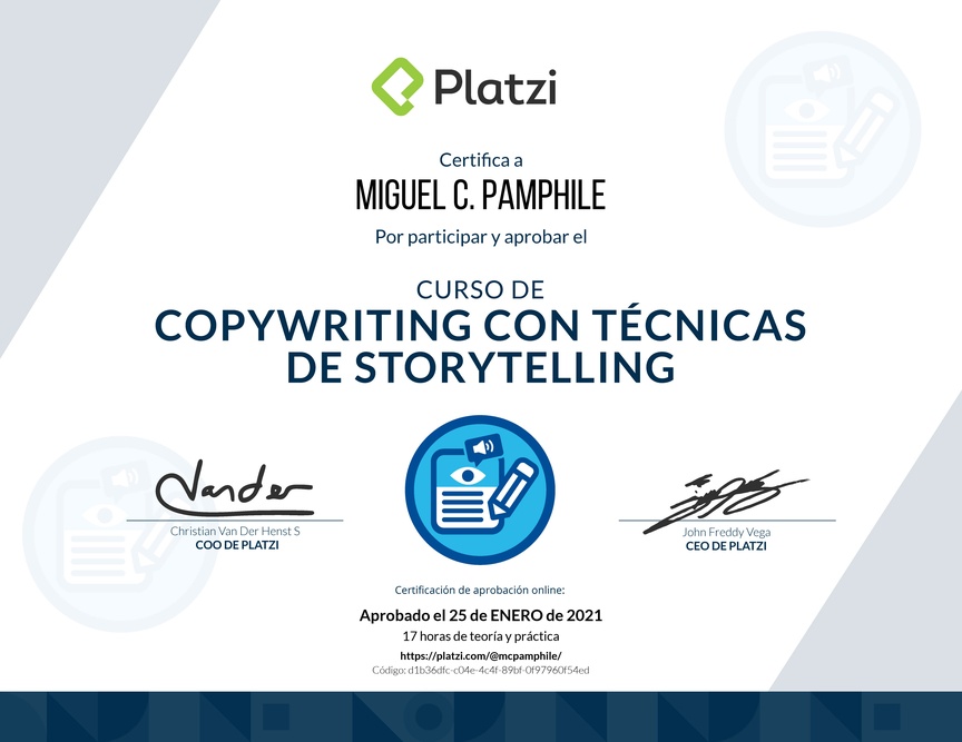 Diploma del Curso de Copywriting con Técnicas de Storytelling