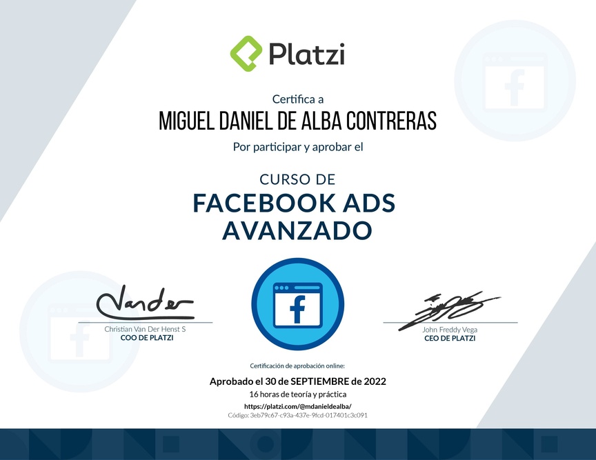 Diploma del Curso de Facebook Ads Avanzado