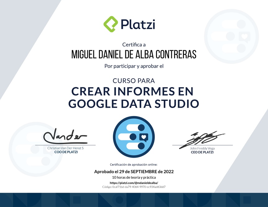 Diploma del Curso para Crear Informes de Redes Sociales con Google Data Studio