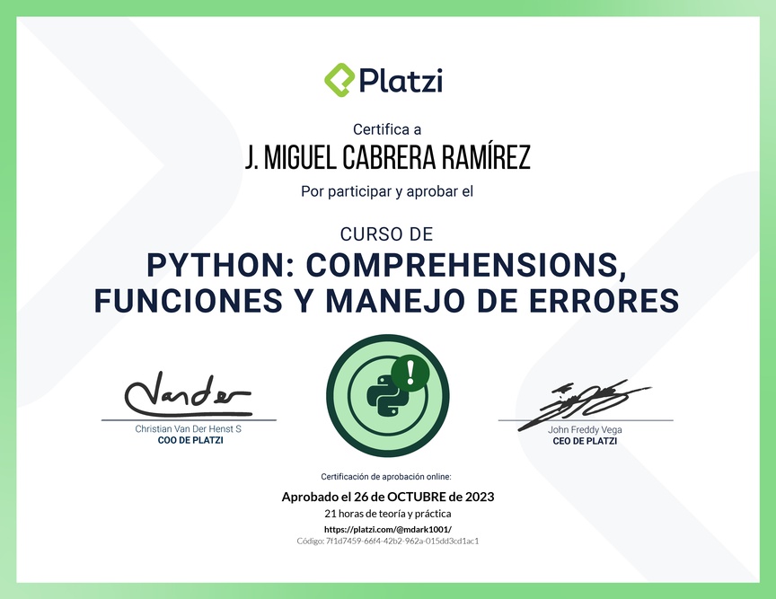 Diploma del Curso de Python: Comprehensions, Funciones y Manejo de Errores