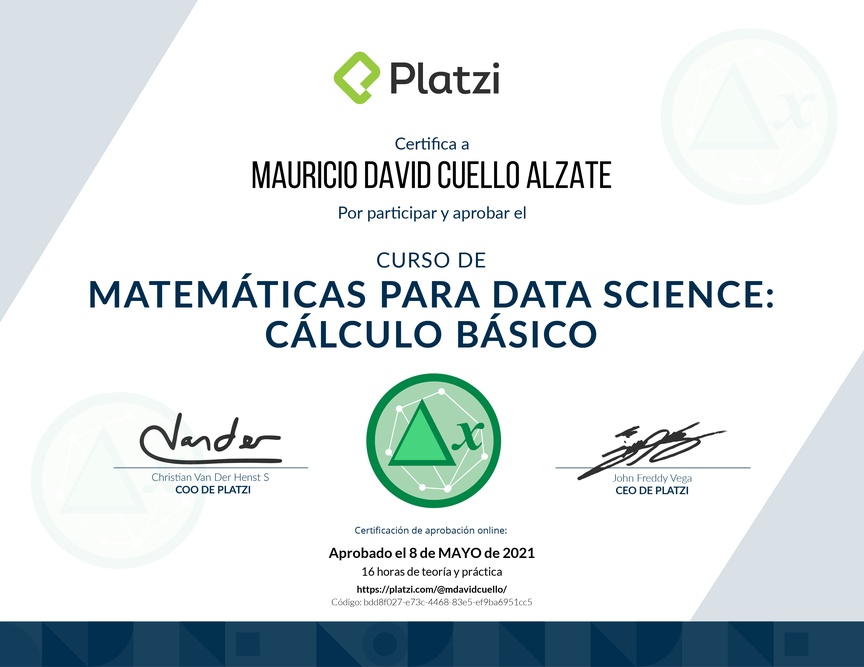 Diploma del Curso de Matemáticas para Data Science: Cálculo Básico