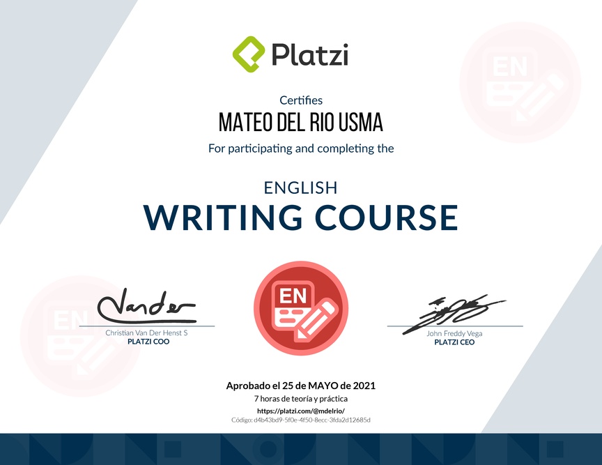 Diploma del Curso de Escritura en Inglés 2018