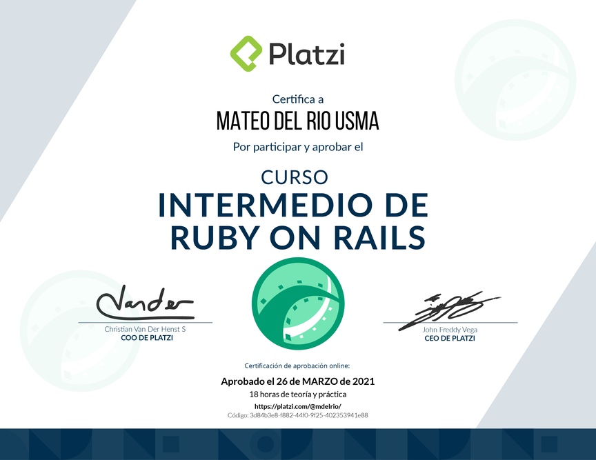 Diploma del Curso Intermedio de Ruby on Rails