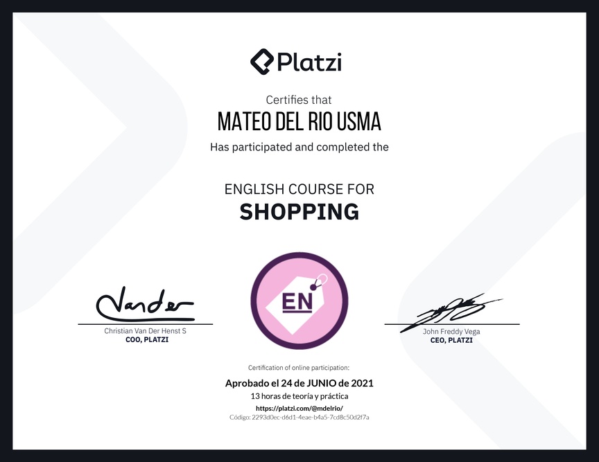 Diploma del Curso de Inglés para Compras (2020)