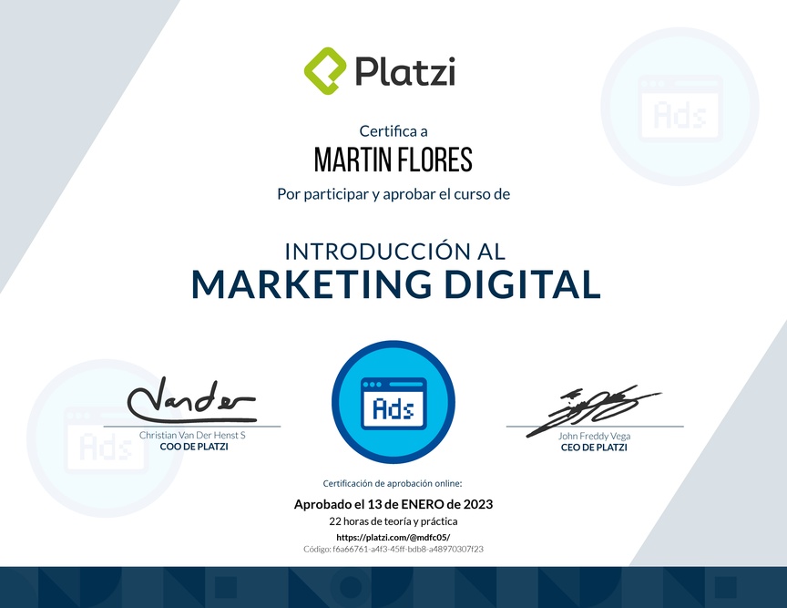 Diploma del Curso de Introducción al Marketing Digital (2022)