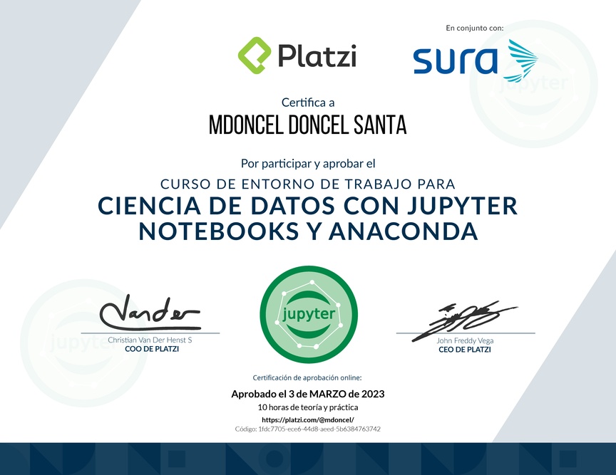 Diploma del Curso de Entorno de Trabajo para Ciencia de Datos con Jupyter Notebooks y Anaconda