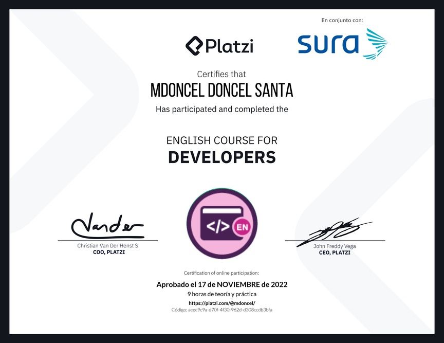 Diploma del Curso de Inglés para Programadores