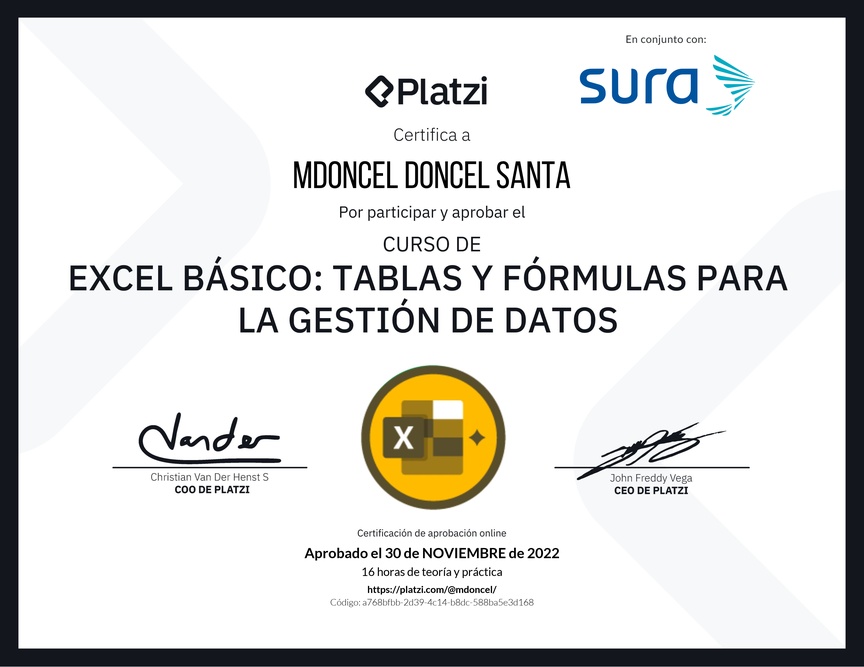 Diploma del Curso de Excel Básico: Tablas y Fórmulas para la Gestión de Datos
