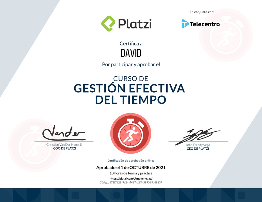 Diploma del Curso de Gestión Efectiva del Tiempo