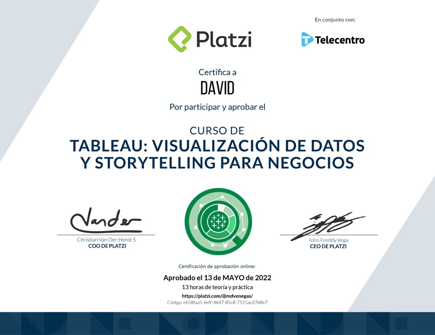 Diploma del Curso de Tableau: Visualización de Datos y Storytelling para Negocios