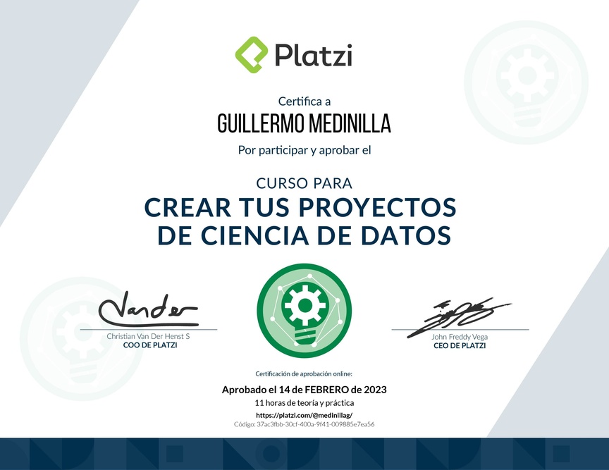 Diploma del Curso para Crear tus Proyectos de Ciencia de Datos
