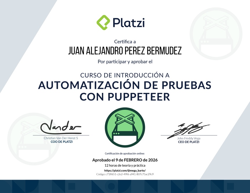 Diploma del Curso de Automatización de Pruebas con Puppeteer