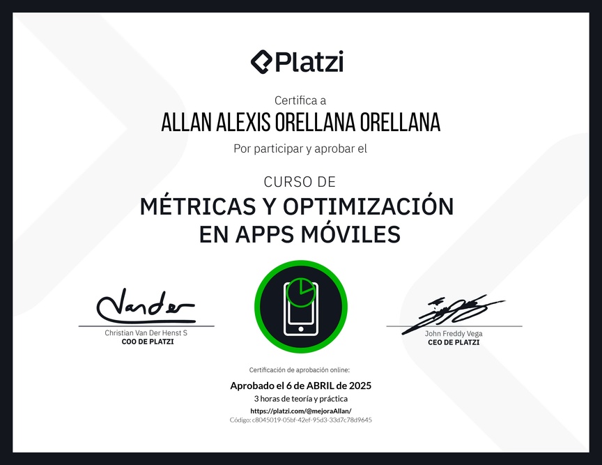 Diploma del Curso de Métricas y Optimización en Apps Mobile