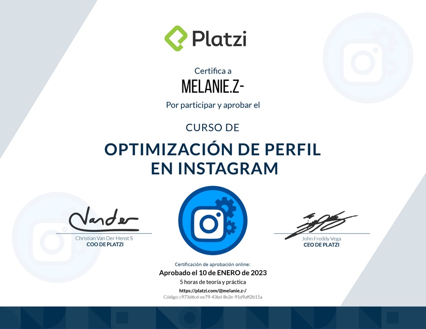 Diploma del Curso de Optimización de Perfil en Instagram