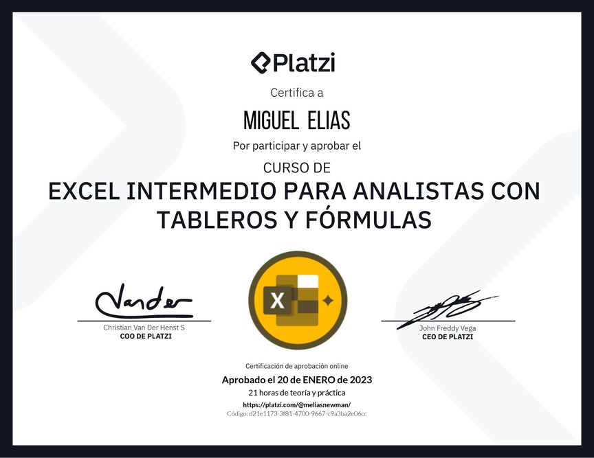 Diploma del Curso de Excel Intermedio para Analistas con Tableros y Fórmulas