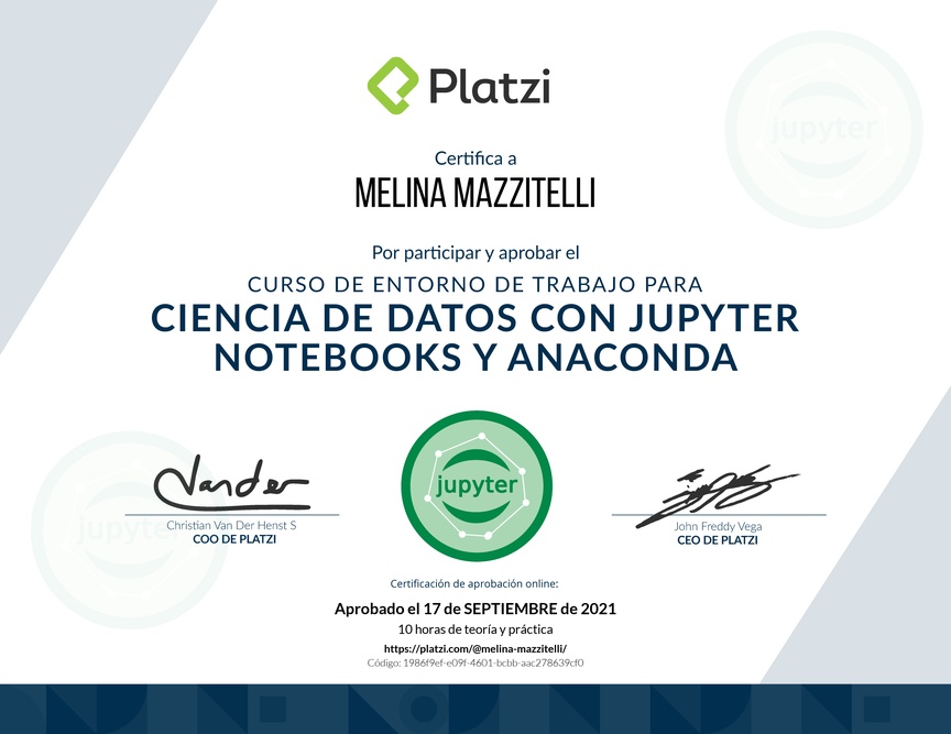 Diploma del Curso de Entorno de Trabajo para Ciencia de Datos con Jupyter Notebooks y Anaconda