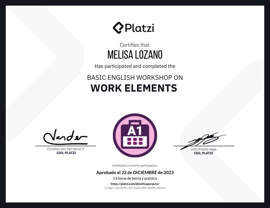 Diploma del Curso de Inglés Práctico sobre Elementos de Trabajo