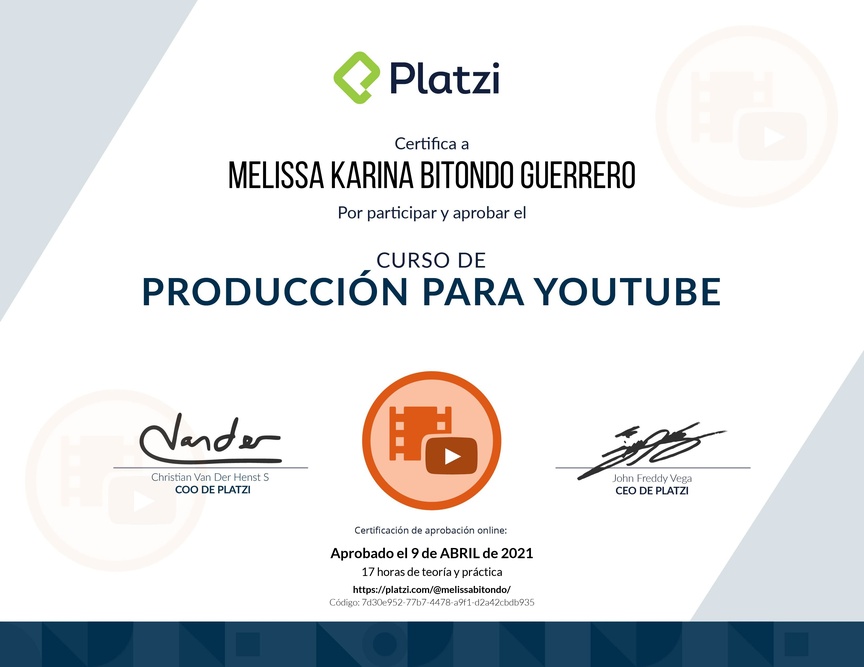 Diploma del Curso de Producción para Youtube