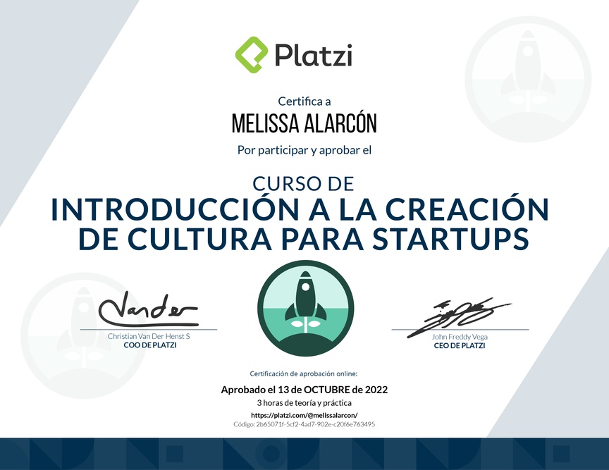 Diploma del Curso de Introducción a la Creación de Cultura para Startups