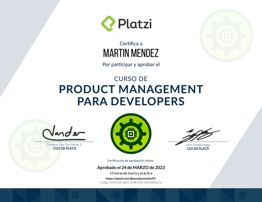 Diploma del Curso de Product Management para Developers