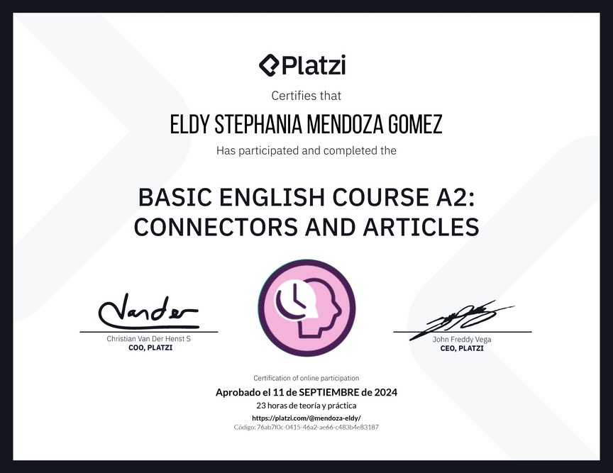 Diploma del Curso de Inglés Básico A2: Conectores y Artículos