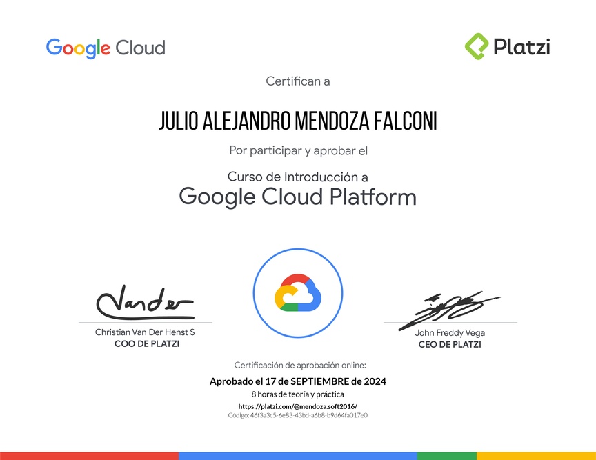 Diploma del Curso de Introducción a Google Cloud Platform