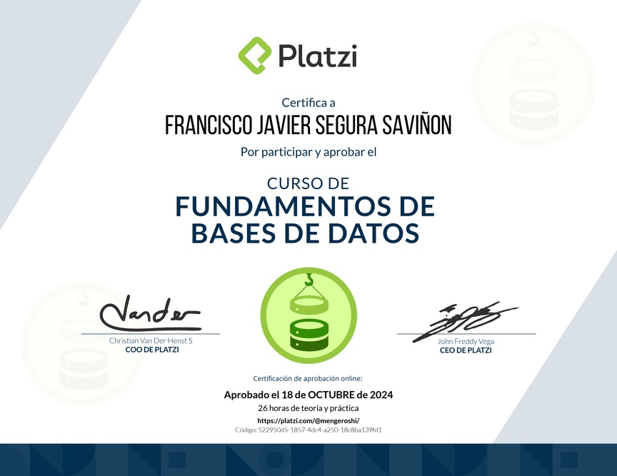 Diploma del Curso de Fundamentos de Bases de Datos 2019