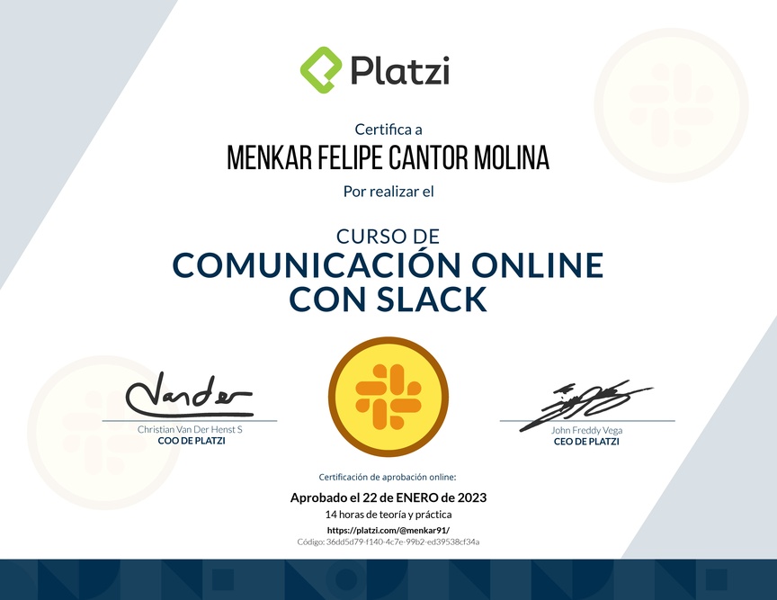 Diploma del Curso de Slack para Mejorar tu Comunicación Online