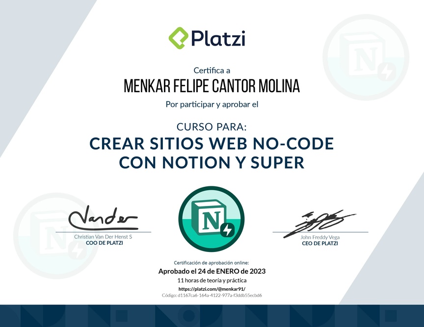 Diploma del Curso para Crear Sitios Web No-code con Notion y Super