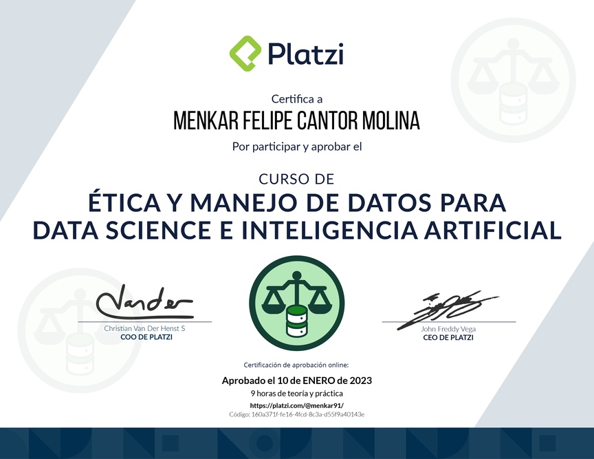Diploma del Curso de Ética y Manejo de Datos para Data Science e Inteligencia Artificial