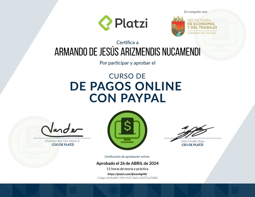 Diploma del Curso de Pagos Online con PayPal