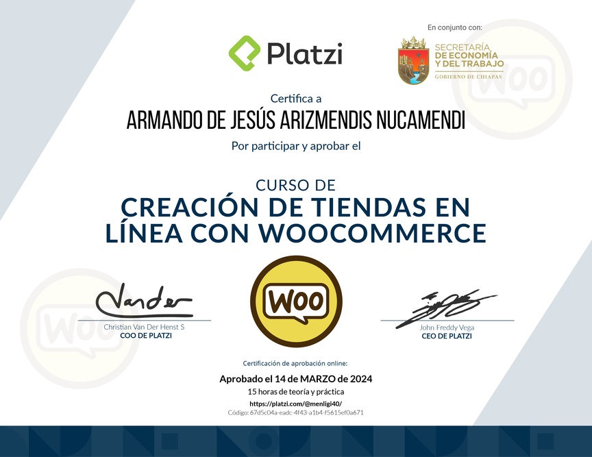 Diploma del Curso de Creación de Tiendas en Línea con WooCommerce