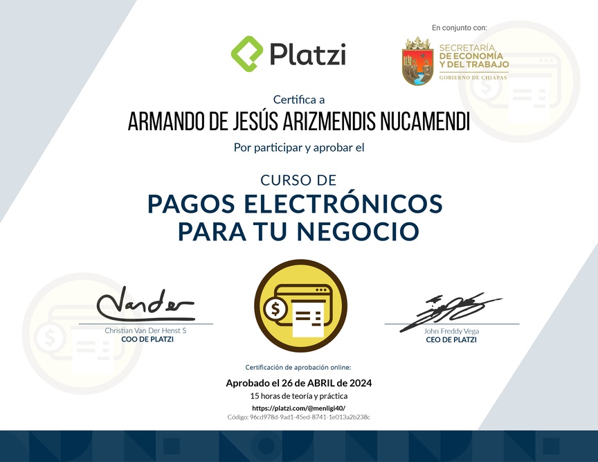Diploma del Curso de E-Commerce para Implementar Pagos Electrónicos