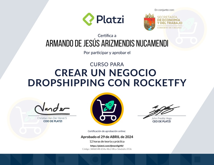 Diploma del Curso para Crear un Negocio Dropshipping con Rocketfy