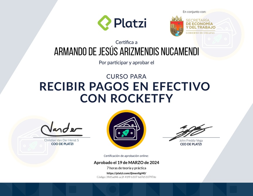 Diploma del Curso de Pagos en Efectivo para Ecommerce con Rocketfy