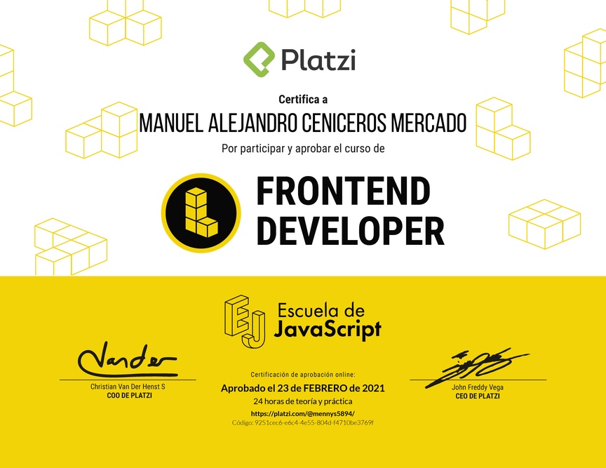 Diploma del Curso de Frontend Developer 2019