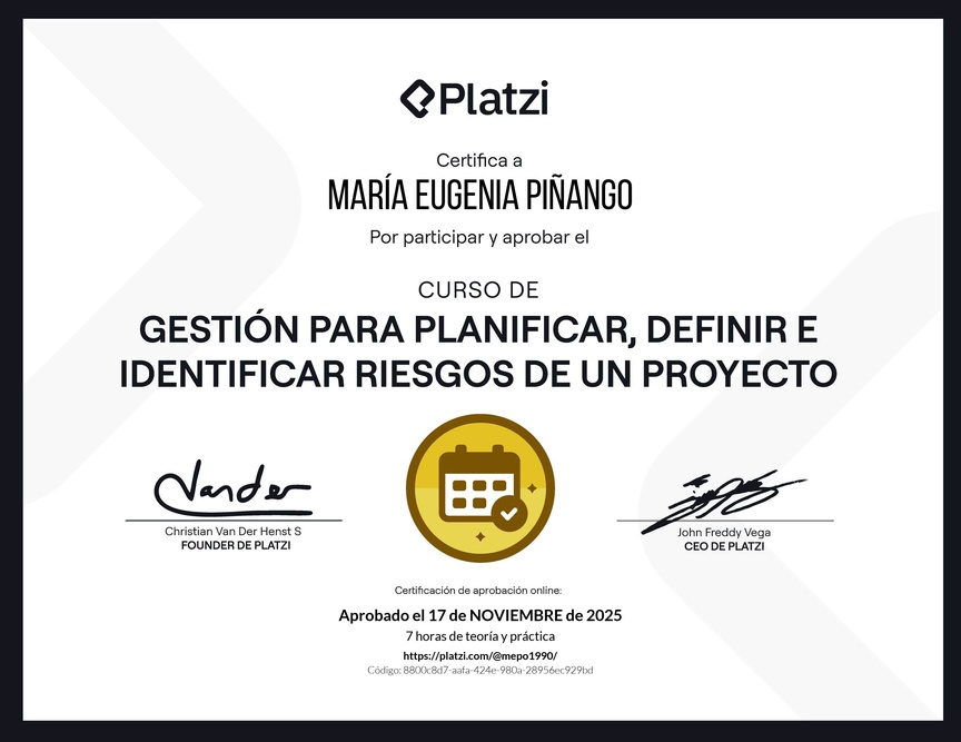 Diploma del Curso de Gestión para Planificar, Definir e Identificar Riesgos de un Proyecto