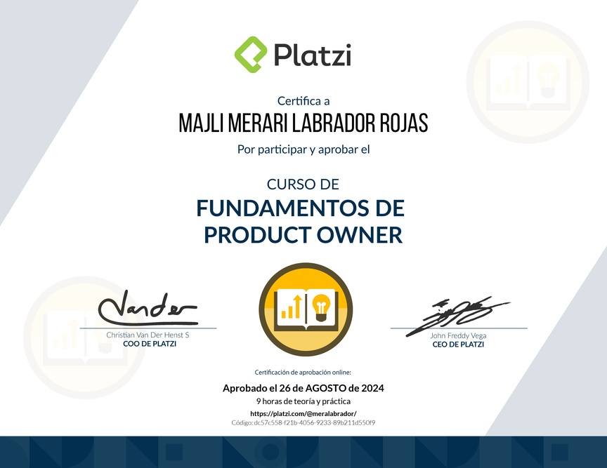 Diploma del Curso de Fundamentos de Product Owner