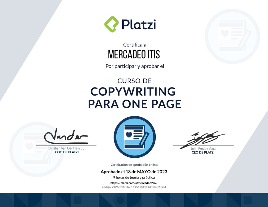 Diploma del Curso de Copywriting para One Page Web