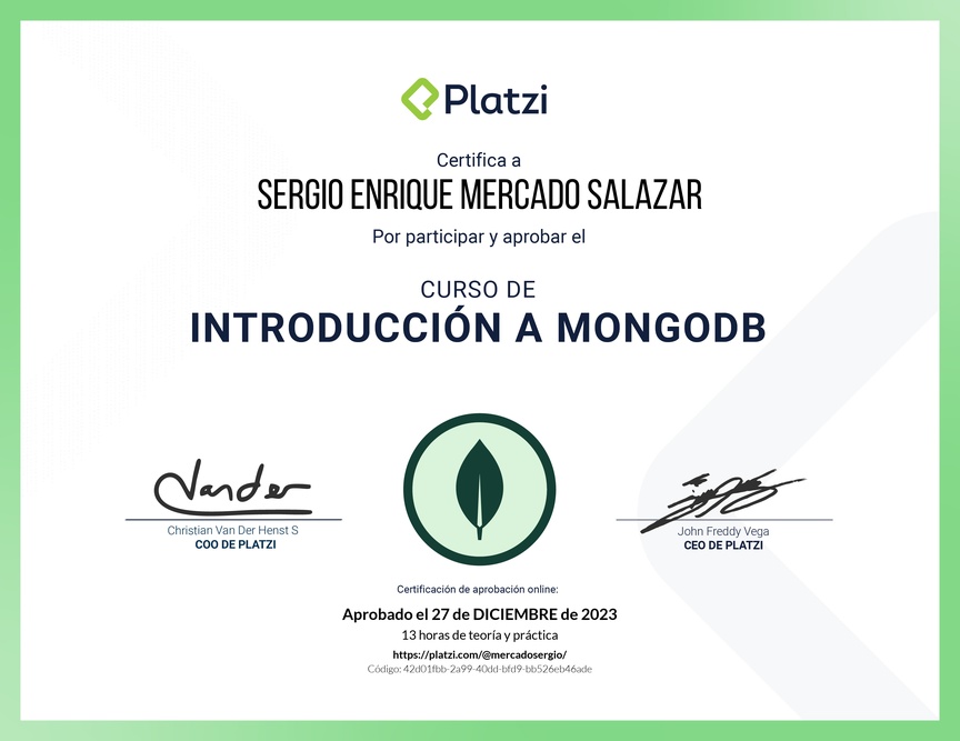 Diploma del Curso de Introducción a MongoDB