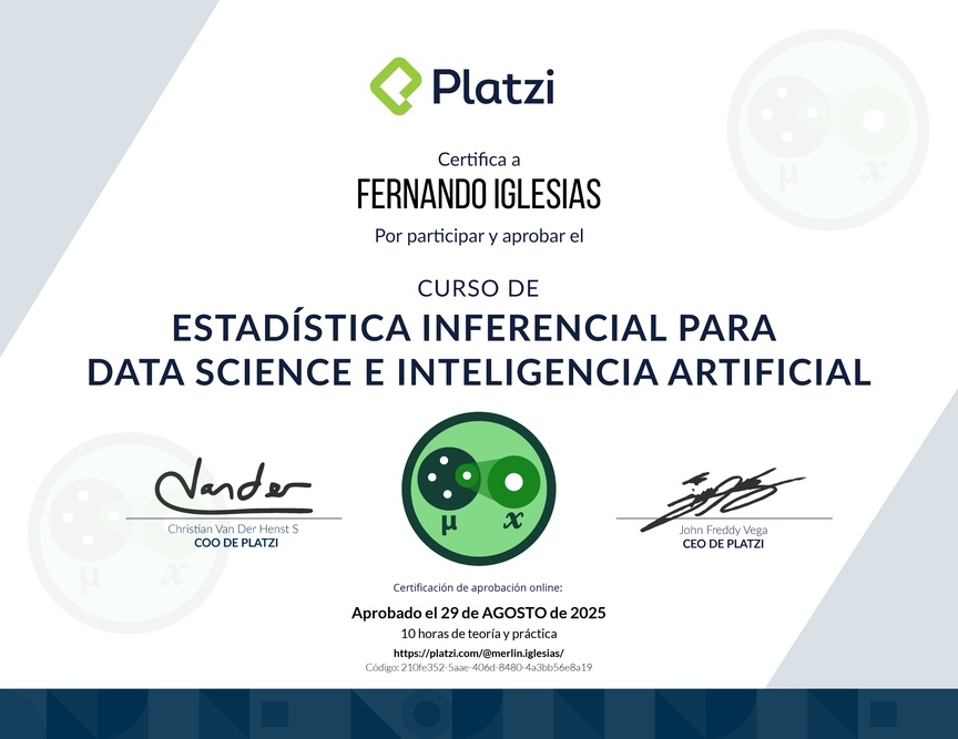 Diploma del Curso de Estadística Inferencial para Data Science e Inteligencia Artificial
