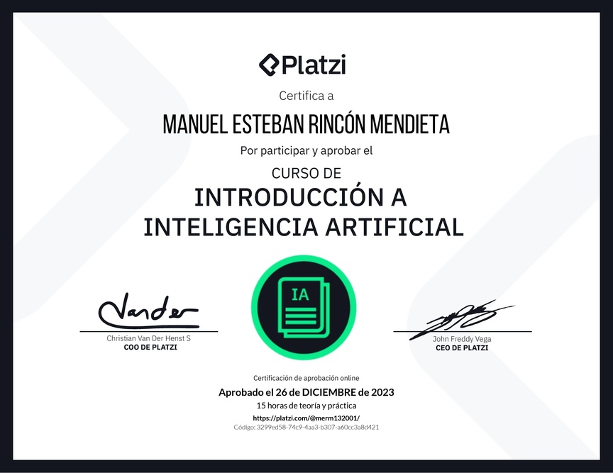 Diploma del Curso de Introducción a Inteligencia Artificial (2023)